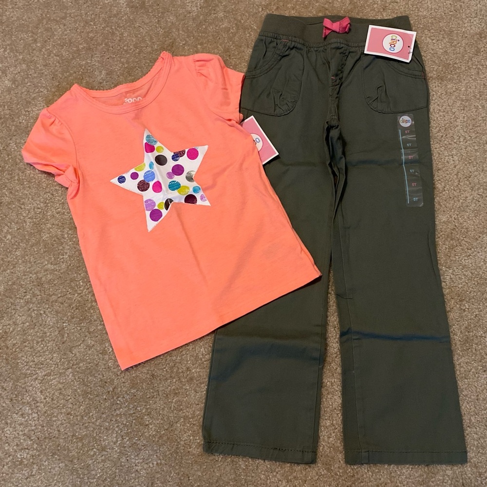 BNWT Tshirt & Pants; Circo Green Pants & Peach tshirt 5t